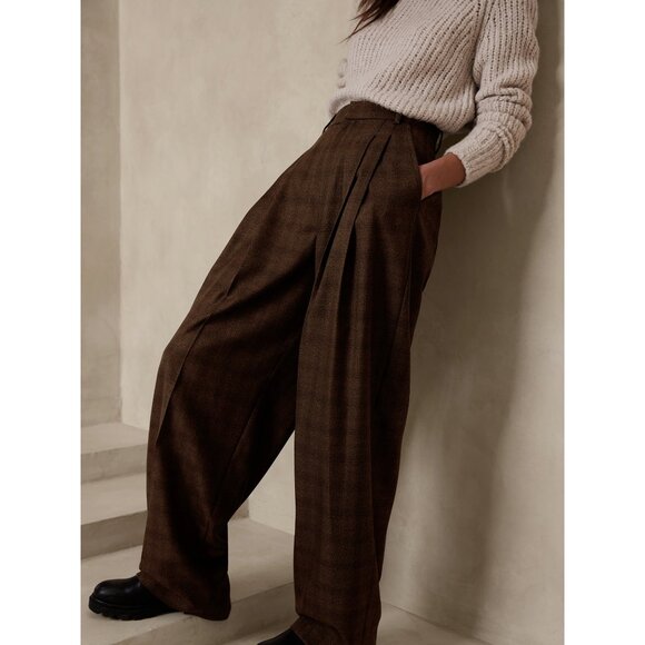 Banana Republic Vasto Wide-Leg Italian Wool Pant Plaid Brown Business Preppy 0 - Picture 1 of 14